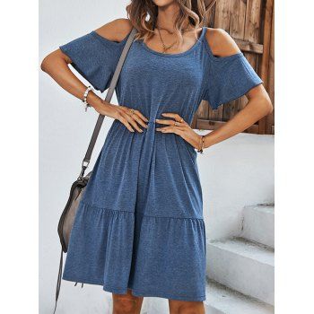 

Cold Shoulder Dress Heather Tiered High Waisted Short Sleeve A Line Mini Dress, Blue