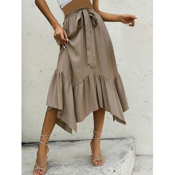 

Asymmetrical Hem Skirt Self Belted Plain Color Elastic High Waisted A Line Midi Skirt, Light coffee