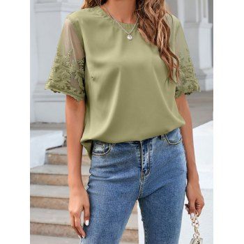 

Embroidery Leaf Blouse Mesh Panel Sleeve Plain Color Half Sleeve Casual Blouse, Light green