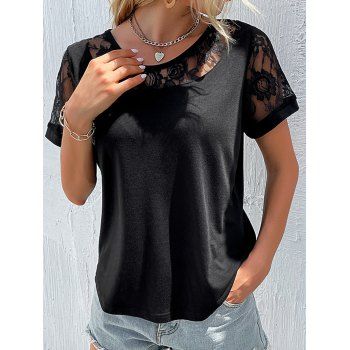 

Sheer Flower Lace Panel T-shirt Solid Color Short Sleeve Tee, Black