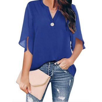 

Solid Color Blouse V Notched Mock Button Stand Collar Tulip Sleeve High Low Hem Top, Deep blue