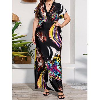 

Plus Size Dress Colored Butterfly Print Plunging Neck High Waisted A Line Maxi Dress, Black