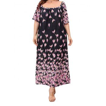 

Plus Size Dress Flower Print Scoop Neck Half Sleeve Trapeze Maxi Dress, Black