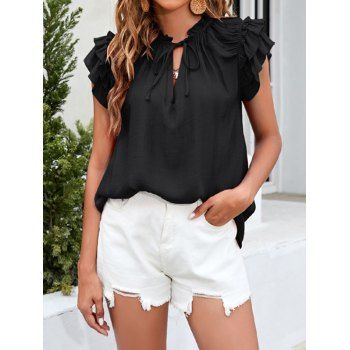 Tied Cut Out Blouse Ruffle Layered Short Sleeve Round Neck Plain Color Blouse