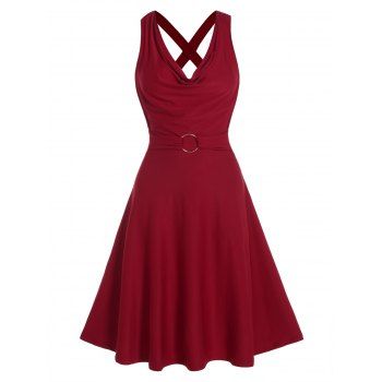 

Solid Color Cowl Neck Midi Dress O Ring Detail Crossover Backless Sleeveless A Line Dress, Red