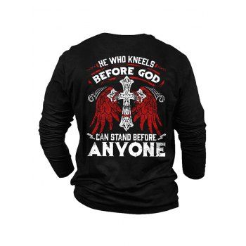 

Cross Wing Slogan Print Graphic T-shirt Long Sleeve Round Neck Casual Tee, Black