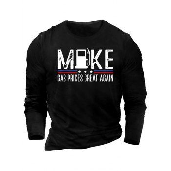 

Letter Slogan Star Stripe Print Graphic T-shirt Long Sleeve Round Neck Casual Tee, Black
