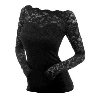 

Sheer Flower Lace Top Off The Shoulder Long Sleeve Top, Black