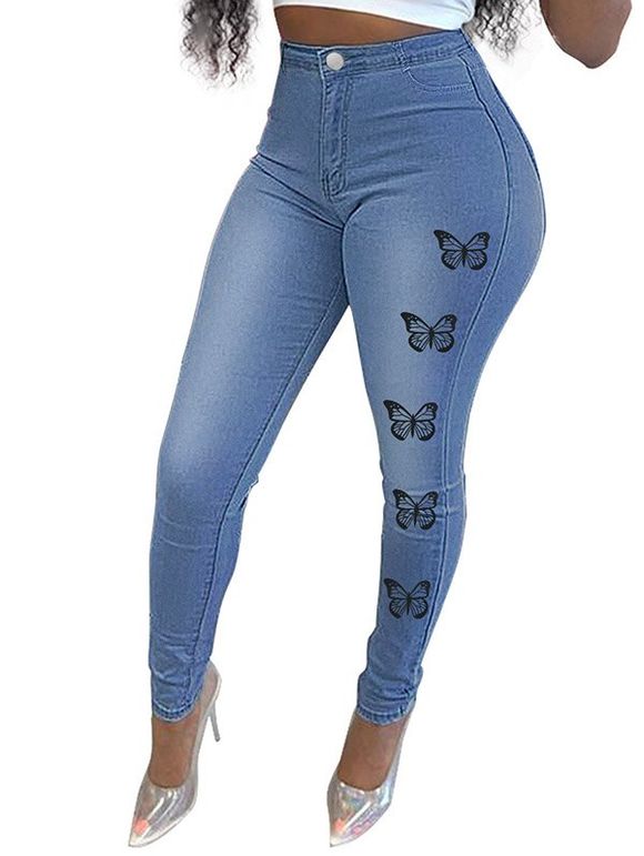 Pantalon Moulant Long à Imprimé Papillon Zippé à Taille Haute avec Poches en Denim - Bleu 2XL