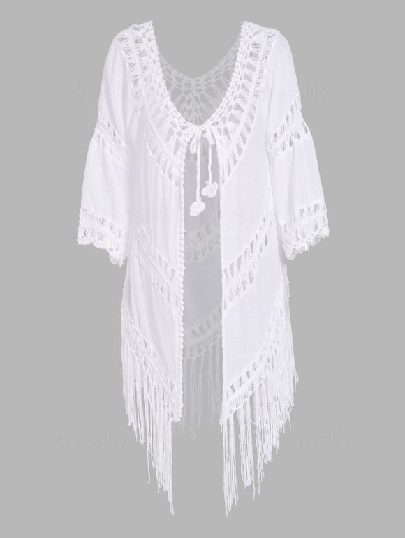 Cache-maillot de Bain Ajouré Evidé avec Franges en Crochet Transparent Chevron de Swimwear - Blanc ONE SIZE