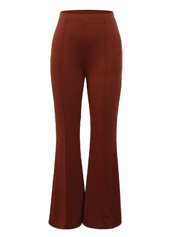Pantalon Evasé Long en Couleur Unie à Taille Haute Elastique - Orange Foncé XL