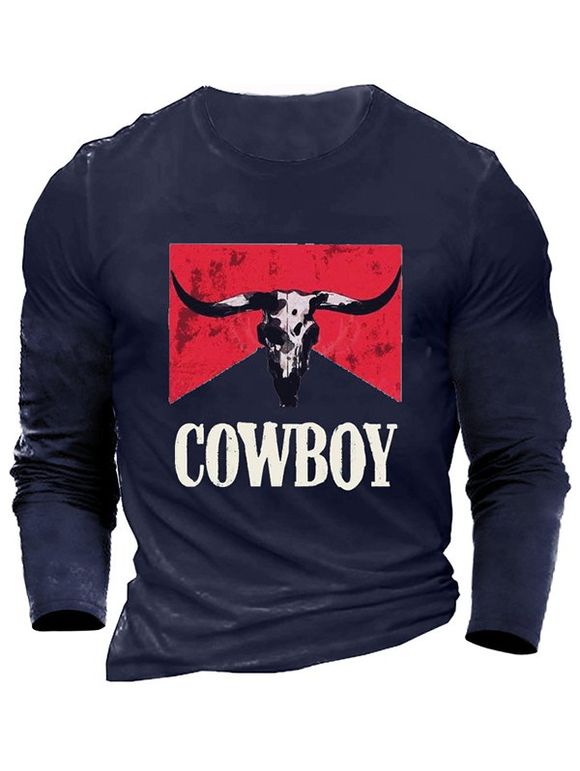 T-shirt Décontracté Graphique Animal COWBOY à Manches Longues à Col Rond - Bleu 3XL