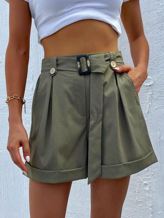 Plain Color Shorts Square Ring Belted Pockets Elastic High Waisted Wide Leg Shorts - DEEP GREEN M
