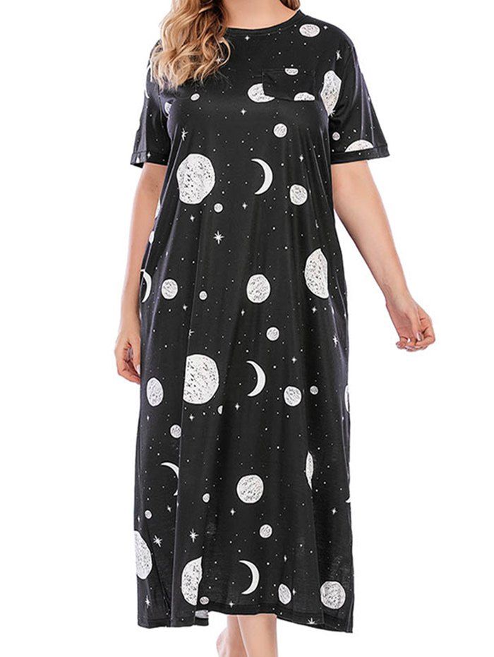 Robe Mi-Longue Trapèze à Imprimé Etoile Lune et Soleil avec Poche en Avant de Grande Taille - Noir 1XL