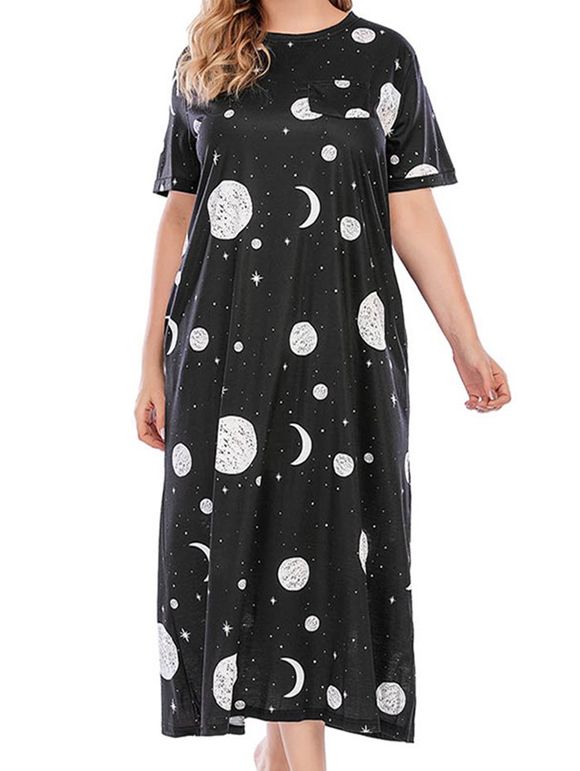Robe Mi-Longue Trapèze à Imprimé Etoile Lune et Soleil avec Poche en Avant de Grande Taille - Noir 5XL