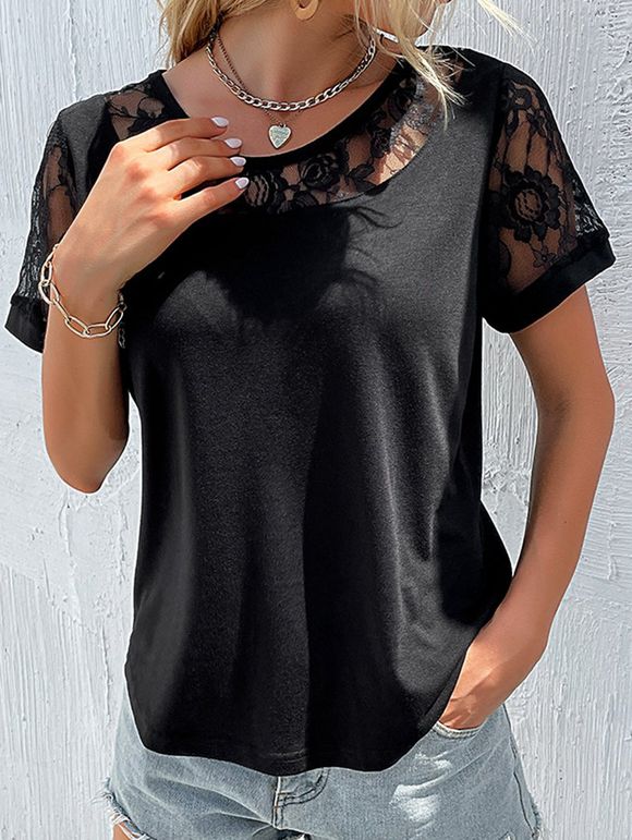 T-shirt Fleur Panneau en Dentelle en Couleur Unie Transparente à Manches Courtes - Noir XL