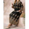 Plus Size Dress Baroque Print Braid Belted High Waisted Long Sleeve A Line Maxi Dress - BLACK 4XL