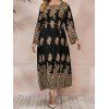Plus Size Dress Baroque Print Braid Belted High Waisted Long Sleeve A Line Maxi Dress - BLACK 4XL