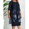 Plus Size Dress Flower Mesh Overlay Round Neck Half Sleeve Shift Midi Dress - BLUE 3XL