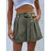Plain Color Shorts Square Ring Belted Pockets Elastic High Waisted Wide Leg Shorts - DEEP GREEN L