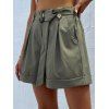 Plain Color Shorts Square Ring Belted Pockets Elastic High Waisted Wide Leg Shorts - DEEP GREEN S