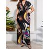 Plus Size Dress Colored Butterfly Print Plunging Neck High Waisted A Line Maxi Dress - BLACK 4XL