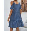 Cold Shoulder Dress Heather Tiered High Waisted Short Sleeve A Line Mini Dress - BLUE XL
