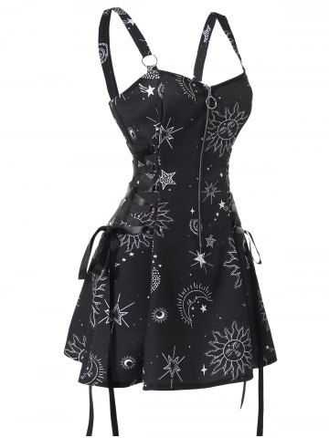 Sun Star Print Dress Half Zipper Lace Up High Waisted Strap A Line Mini Dress