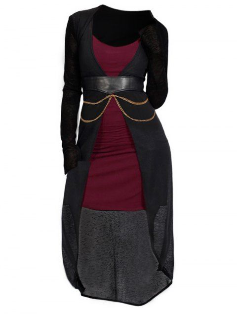 Asymmetric Full Sleeve Open Front Belted Long Top And Plain Color Mini Tank Dress Two Piece Set