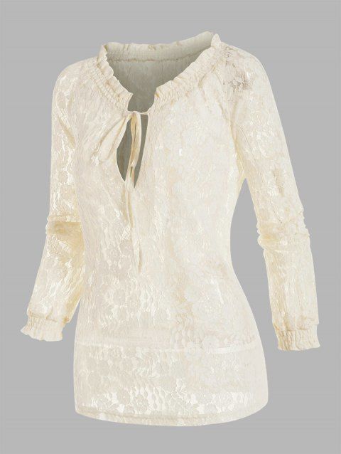 See Thru Allover Flower Lace Blouse Ruffle Plunging Neck Long Sleeve Blouse
