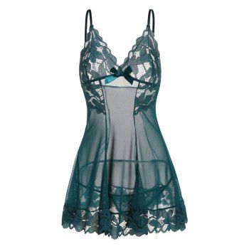 

Solid Color Hollow Out Leaf Lace Bowknot See Thru Lingerie Dress And T Back Set, Deep green