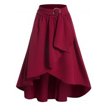 

Overlay Skirt Solid Color Self Belted Ruffle Asymmetrical Hem Zip Up Midi Skirt, Deep red