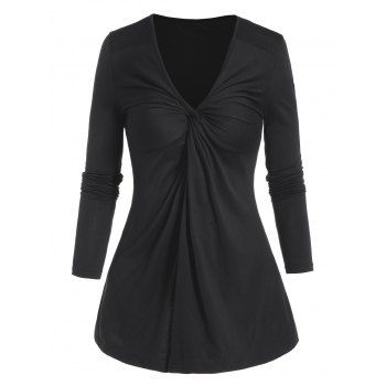 

Front Twisted V Neck Top Solid Color Long Sleeve Top, Black