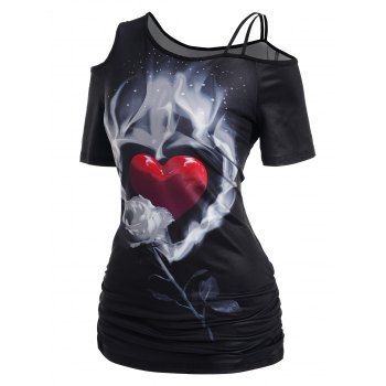 

Smoke Heart Rose Print Tee Cold Shoulder Dual Straps Ruched Short Sleeve T-shirt, Black