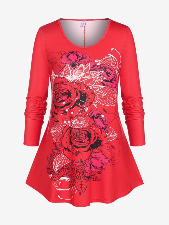 T-shirt Basique Imprimé Floral Grande Taille - Rouge 3X