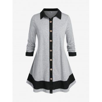 

Plus Size Button Up Bicolor Long Sleeve Tunic Shirt, Gray