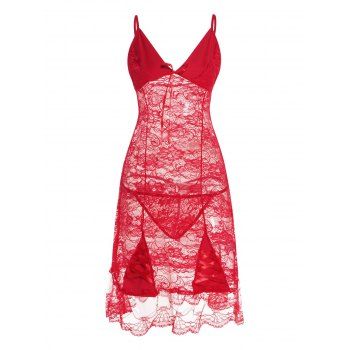 

Hollow Out Flower Lace Panel Bowknot Crisscross Lingerie Dress And T Back Set, Red