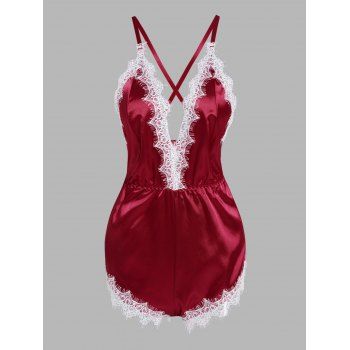 

Lace Panel Lingeries Elastic High Waisted Plunging Neck Crisscross Lingeries, Red