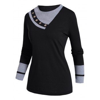 

Contrast Colorblock T Shirt Mock Button Round Neck Long Sleeve Casual Tee, Black