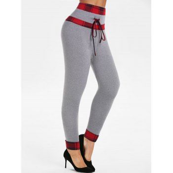 

Plaid Pattern Leggings High Waisted Drawstring Bowknot Long Leggings Roll Up Cuff Skinny Leggings, Gray