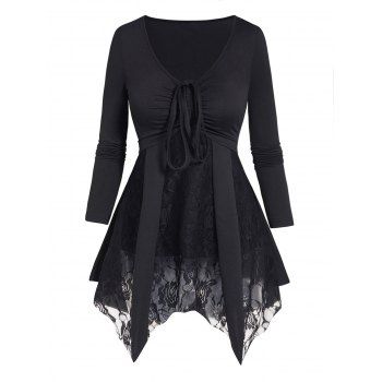 Plus Size T Shirt Cinched Solid Color Flower Lace Panel Asymmetrical Hem Long Sleeve Tee