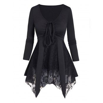 

Plus Size T Shirt Cinched Solid Color Flower Lace Panel Asymmetrical Hem Long Sleeve Tee, Black