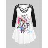 T-shirt Tunique Papillon Peinture Eclaboussée en Dentelle Insérée de Grande Taille - Noir L