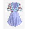 T-shirt Superposé Plongeant Fleur Brodée en Maille de Grande Taille - Violet clair 2X