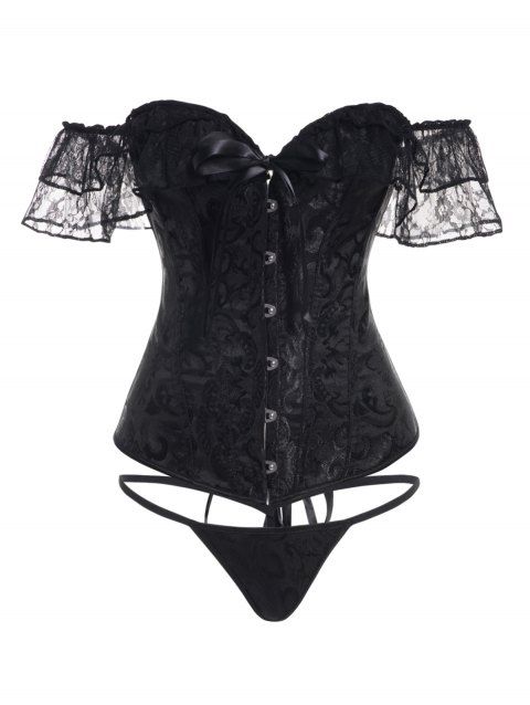 Printed Lace Panel Lace Up Buckle Off the Shoulder Corset And T Back Lingeries Set