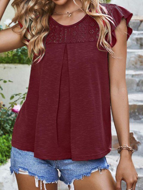 Plain Color T Shirt Hollow Out Geometric Lace Panel Flare Cap Sleeve Round Neck Casual Top