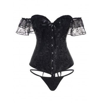 

Printed Lace Panel Lace Up Buckle Off the Shoulder Corset And T Back Lingeries Set, Black