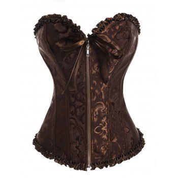 Paisley Print Ruffle Lace Up Zip Up Corset And T Back Lingeries Set