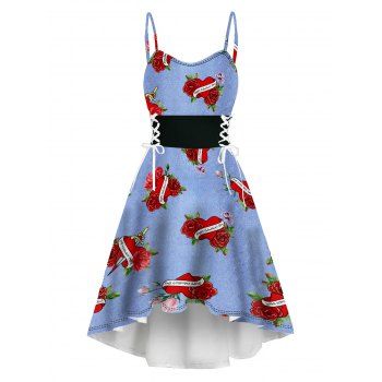 

Valentine's Day Heart Rose Faux Denim 3D Print High Low Dress Lace Up Adjustable Strap A Line Dress, Light blue