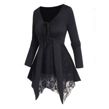 

Plain Color Top See Thru Flower Lace Panel Cinched Full Sleeve Asymmetrical Long Top, Black